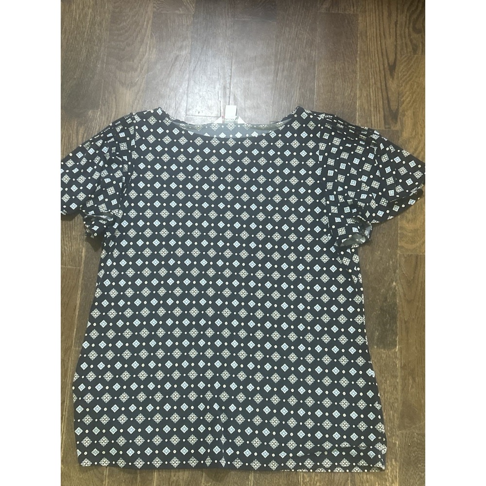 Liz Claiborne Women's Large Black Diamond Pattern Short Flutter Sleeve Blouse